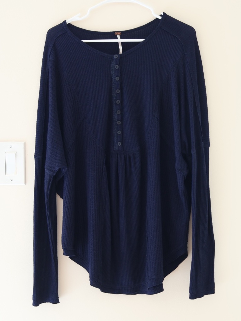 Free People Slouchy Waffle Knit Henley Long Sleeve Tunic Navy Boho Lagenlook M